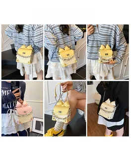 Detailed views of the mini crossbody bag with bow decoration in yellow and pink