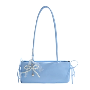 Elegant light blue minimalist underarm shoulder bag with a decorative pearl bow-tie