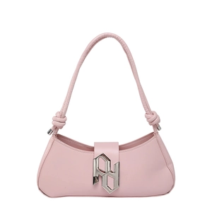 Sac baguette en cuir PU rose avec bandoulière nouée et détails de logo en métal argenté