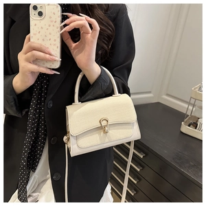 Detailed view of the contrast texture cream leather bag with a gold horseshoe-shaped twist lock