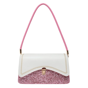 Pink and white patchwork crossbody bag with sparkling sequins and gold buckle clasp