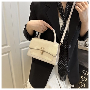 Detail of a beige contrast mini square bag featuring a gold horseshoe buckle and woven flap