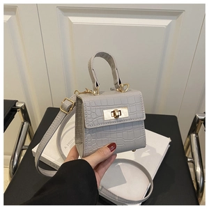 Detail of grey crocodile pattern mini bag featuring a gold clasp and smooth top handle
