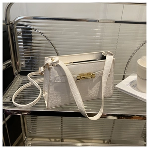 Detail of white crocodile embossed texture on PU leather bag with golden metal lock
