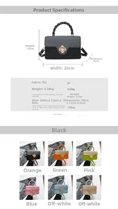 Detail of PU handbag with flower buckle and dimensions of 20x12x6cm for red wedding bag
