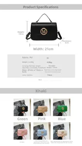 Size chart detail for stylish PU leather handbag with metal M letter decoration