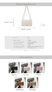 Size guide for V-quilted chain crossbody bag with detailed dimensions and PU fabric specs