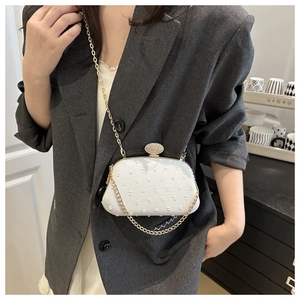 Detail of elegant cream shell-shaped crossbody bag with pearl texture and crystal clasp