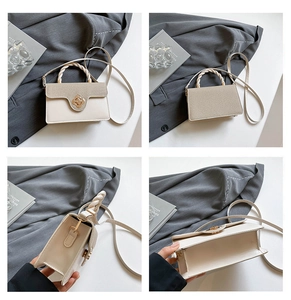 Four-angle detail view of a beige crossbody bag featuring golden floral buckle and woven handle