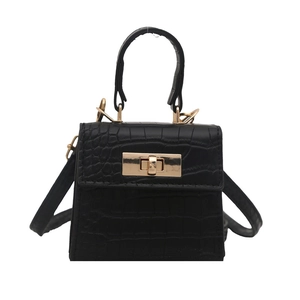 Mini black crocodile embossed handbag with gold turn-lock and top handle strap