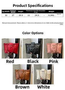 Detailed size chart and multi-color options for the quilted chain tote bag with bow