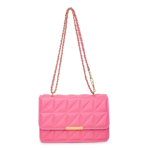 Pink quilted crossbody bag with gold chain strap and metallic closure on white background