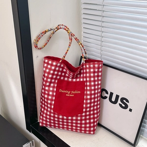 Retro red and white plaid canvas tote bag with woven rope handles and front pocket