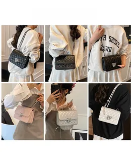 Detailed views of quilted crossbody bags with bow clasp shown in multiple colors