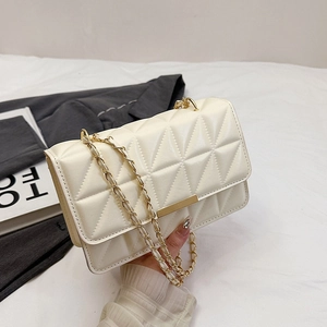 Minimalist beige quilted square crossbody bag with metal chain strap for women