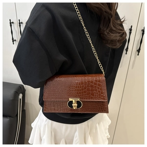 Detail of a brown crocodile pattern shoulder bag with a gold T-bar buckle and chain strap