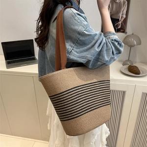 Retro striped woven tote bag for women with brown handles for summer vacation and commute