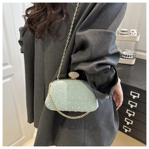 Detail of mint green embroidered crossbody bag with diamond clasp and golden chain