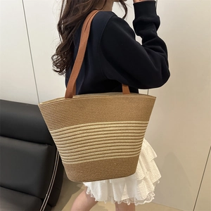 Chic woven cotton rope tote bag with gradient brown stripes and wide fabric handles