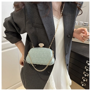 Detail of light green vintage clutch with rhinestone clasp and gold chain on model