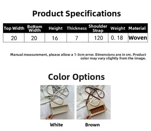 Size chart showing 20x16x7cm dimensions for woven handbag with pearl handle details