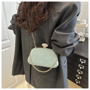 Detail of light green evening bag with gold chain and diamond-encrusted oval clasp