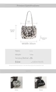 Detailed dimension guide and specifications for sequin tote bag in silver and black colors