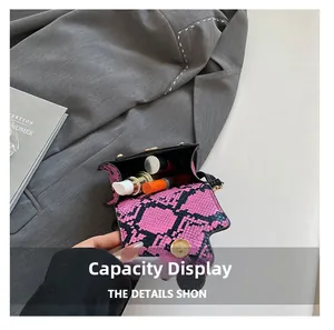 Interior capacity of mini snakeskin bag showing storage for lipstick and spray bottle