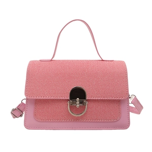 Pink PU leather crossbody bag with fabric flap and silver round metal clasp lock