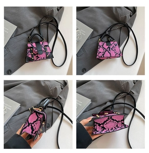 Multi-angle views of pink snake-pattern crossbody bag with gold rivets and handle