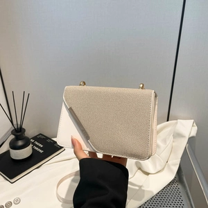 Women's minimalist two-tone crossbody bag with white leather and khaki woven texture
