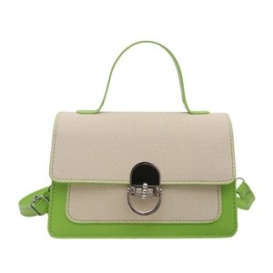 Contrast color patchwork crossbody bag with beige canvas and green leather finish