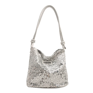 Sac seau d'épaule à paillettes argentées pour femmes avec effet métallique brillant