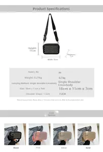 Detailed size and color chart for rhinestone-studded PU leather crossbody phone bag