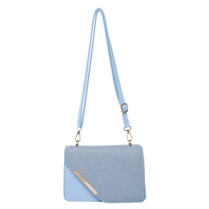 Chic light blue crossbody bag with textured flap and elegant gold metal trim accent