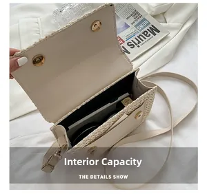 Detail showing the inner capacity of this beige woven crossbody bag with magnetic closures