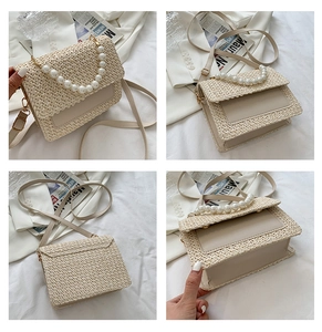 Detail shots of beige woven crossbody bag with large pearl handle and gold hardware