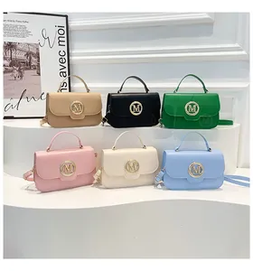 Detailed display of six colorful stylish PU leather handbags with golden M logos