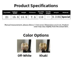 Detailed dimensions and color comparison for straw bucket bag with metal chain strap