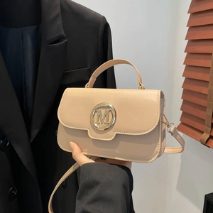 Fashionable beige small square handbag with golden M logo and crossbody strap