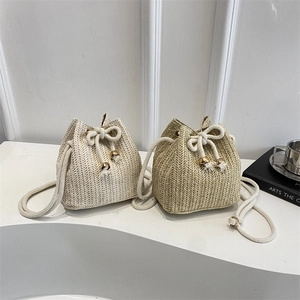 Straw Woven Bucket Bag For Women Summer Beach Vacation Drawstring Closure Cotton Rope Shoulder Strap Metal Beads
