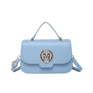 Light blue letter M handbag with gold buckle and adjustable strap on white background