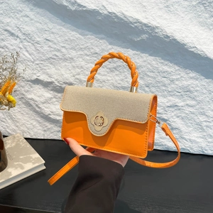 Women Color Block Shoulder Bag Braided Handle Flower Lock PU Crossbody Bag Urban Minimalist Casual Fashion Handbag Square