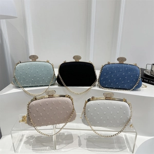 Women Evening Clutch Bag Rhinestone Clasp Fabric Dot Texture Gold Chain Shoulder Purse Party Elegant