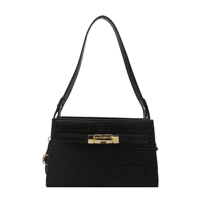 Elegant black crocodile pattern handbag with gold clasp lock and shoulder strap