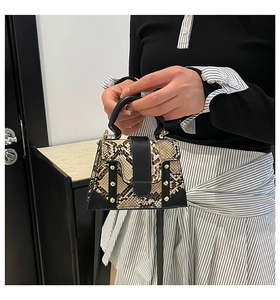 Chic snake-print small square bag with rivets and black leather handles held by a model