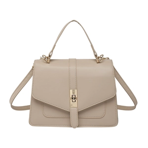 Minimalist beige PU leather square crossbody bag with top handle and gold twist lock