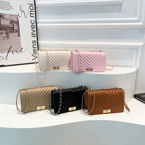 Shoulder Bag PU Leather V-Quilted Chevron Chain Strap Metal Turn Lock Fashion Crossbody Small Square Bag For Women