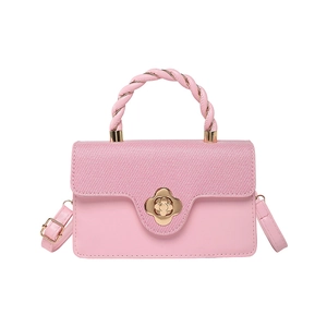 Pink patchwork leather handbag with gold flower clasp and woven handle for women