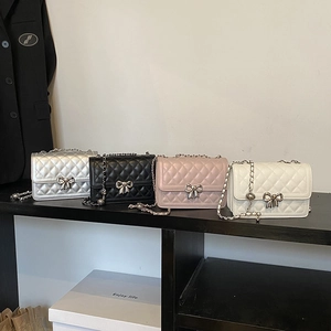 Quilted Lattice Shoulder Crossbody Bag PU Leather Metal Chain Strap Bow Knot Buckle Fashion Small Square Handbag Women